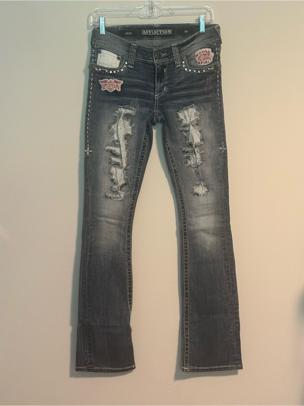 Affliction Jade Women’s 28 Distressed Bootcut Jeans Rhinestone Patch Y2K
